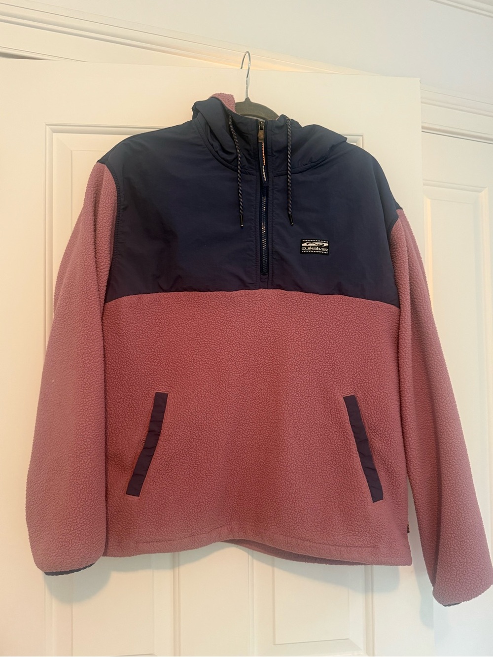 Quiksilver Men's Half-Zip Hooded Fleece in Dusty Rose and Navy